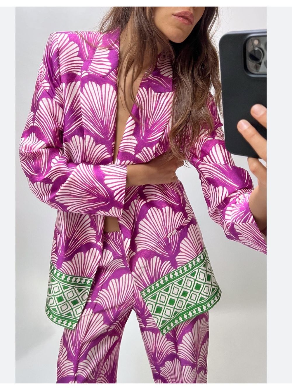 Zara Gulli Satin Blazer Pink and Green Printed Blazer Size Medium NWT